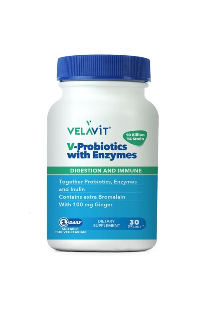 Velavit V-Probiotics with Enzymes 30 Kapsül Probiyotik, Enzim, İnulin ve Zencefil içeren Takviye Edici Gıda